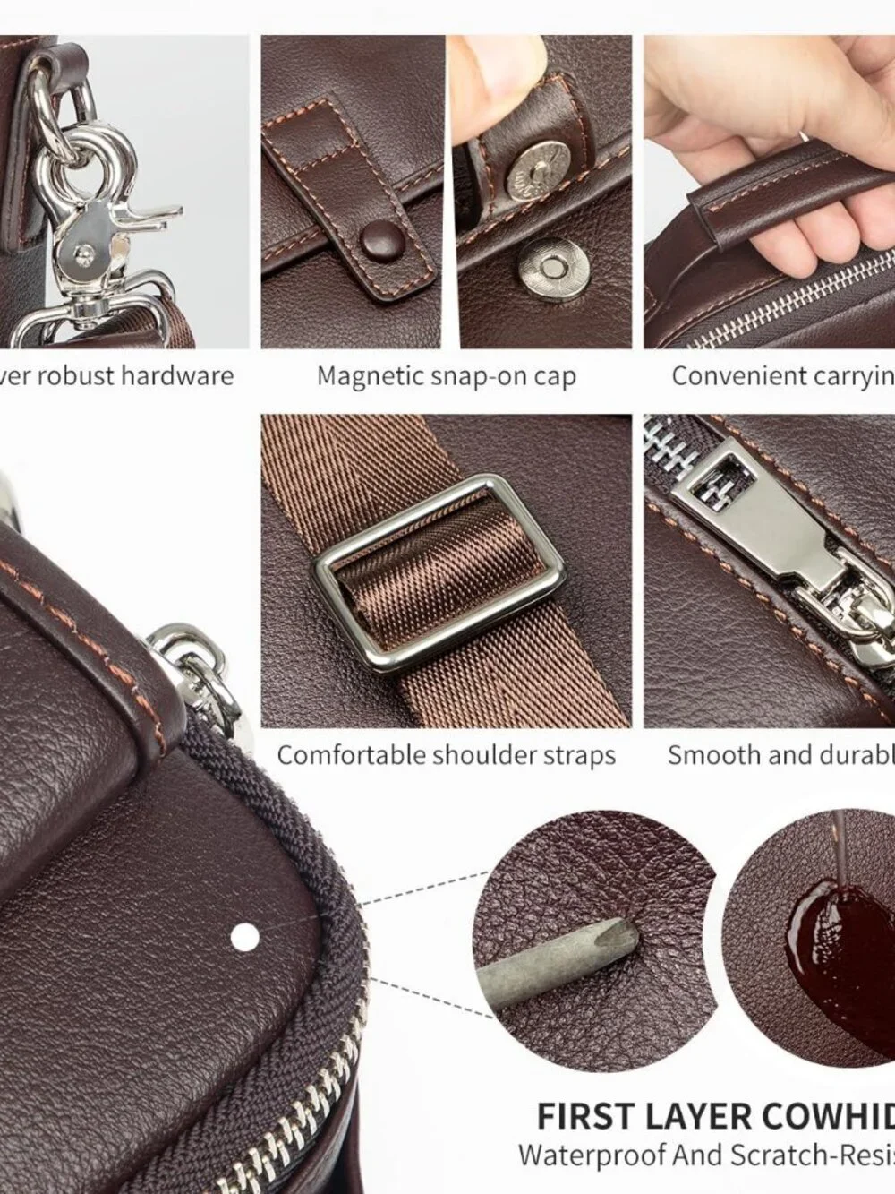 Men's Dark Brown Leather Shoulder Sling Travel Crossbody Magnetic Buckle Bag